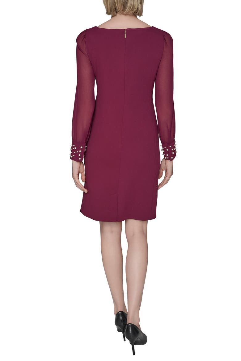 Faux Pearl Cuff Long Sleeve Scuba Crepe Sheath Dress, Alternate, color, WINE