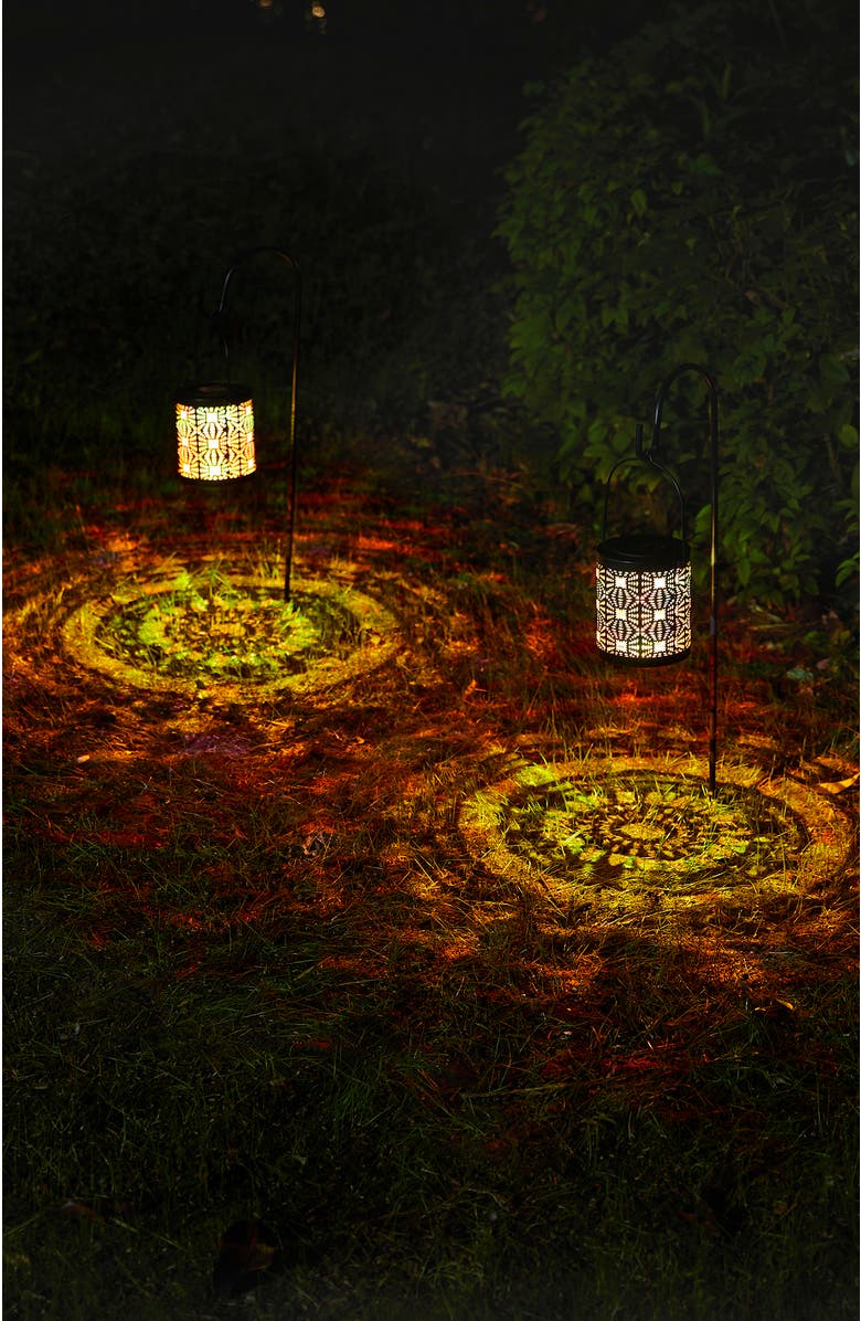 Glitzhome Set of 2 Metal Cutout Pattern Solar Powered Lantern with LED Light, Alternate, color, Black