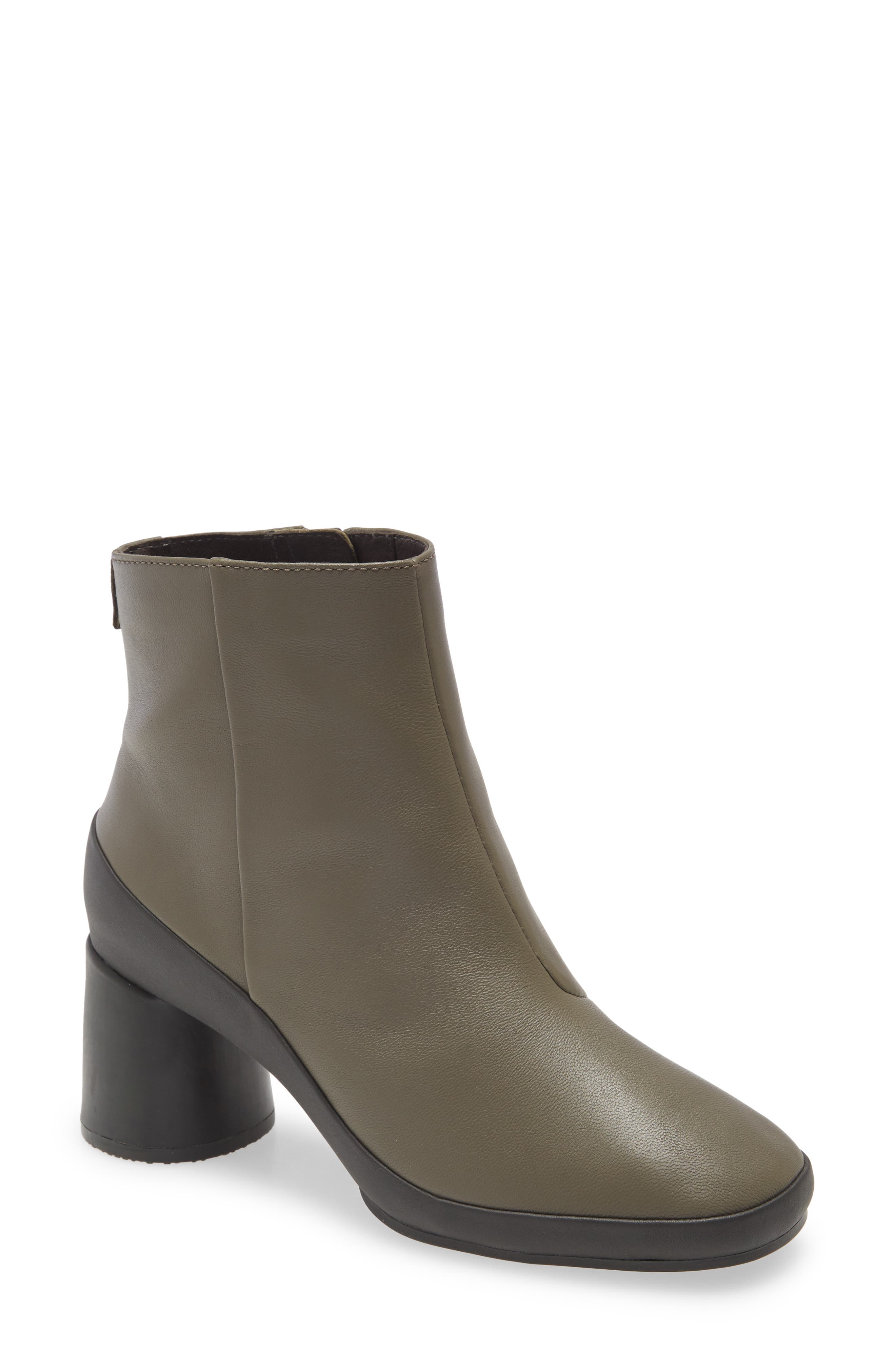 Upright Column Heel Bootie, Main, color, DARK GREEN LEATHER