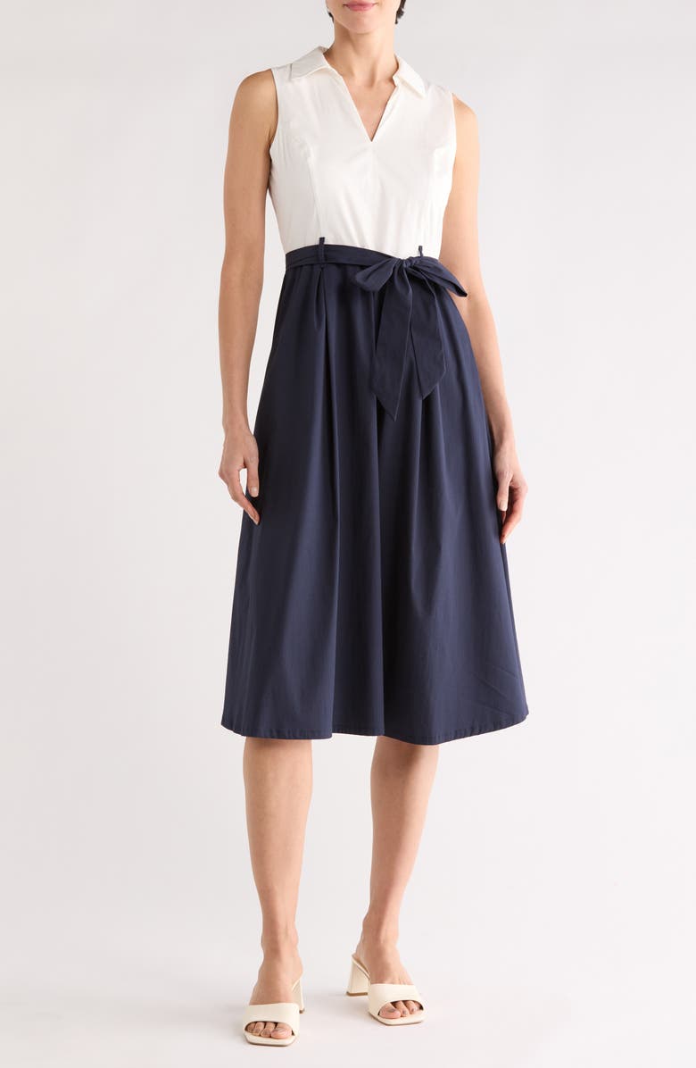 T Tahari Colorblock Sleeveless A-Line Dress, Main, color, White Star And Navy