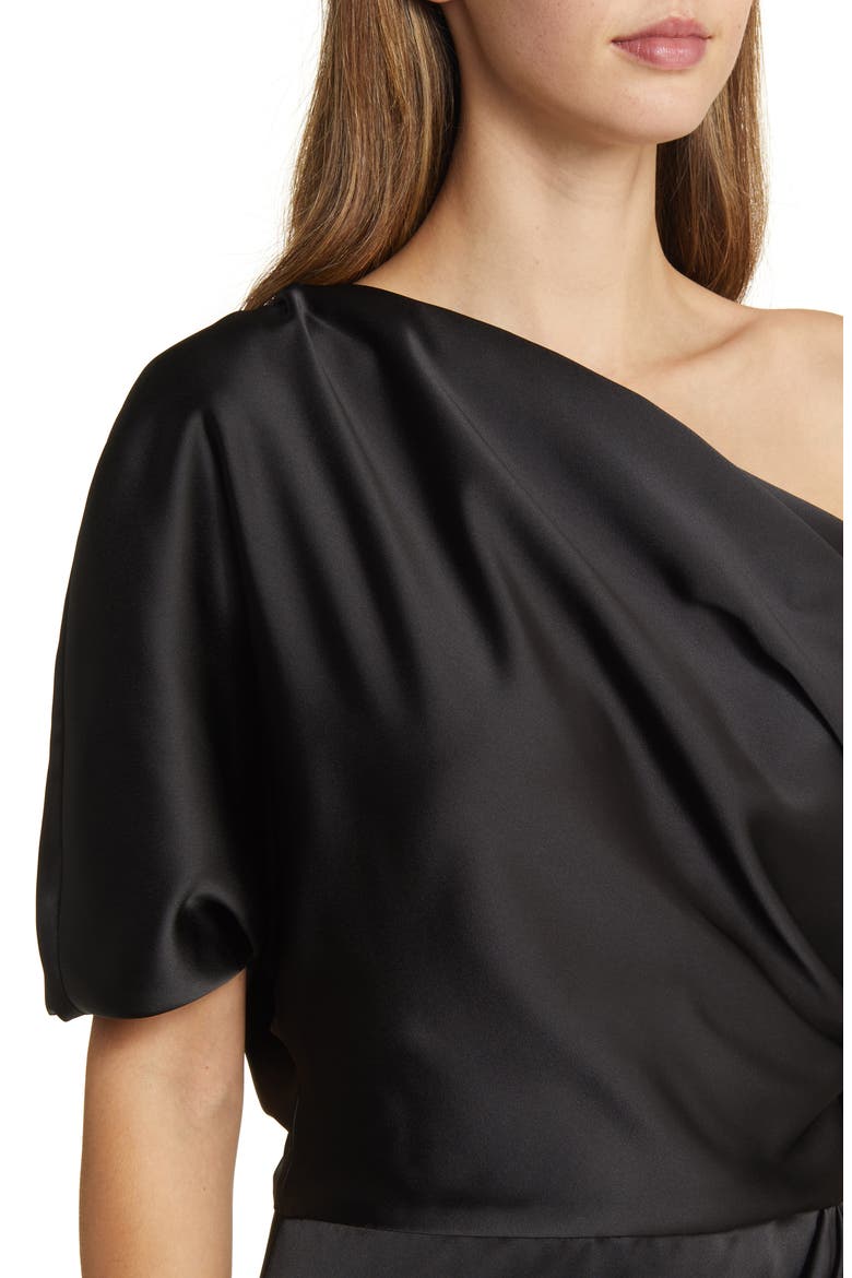 Gathered One-Shoulder Satin Gown, Alternate, color, BLACK