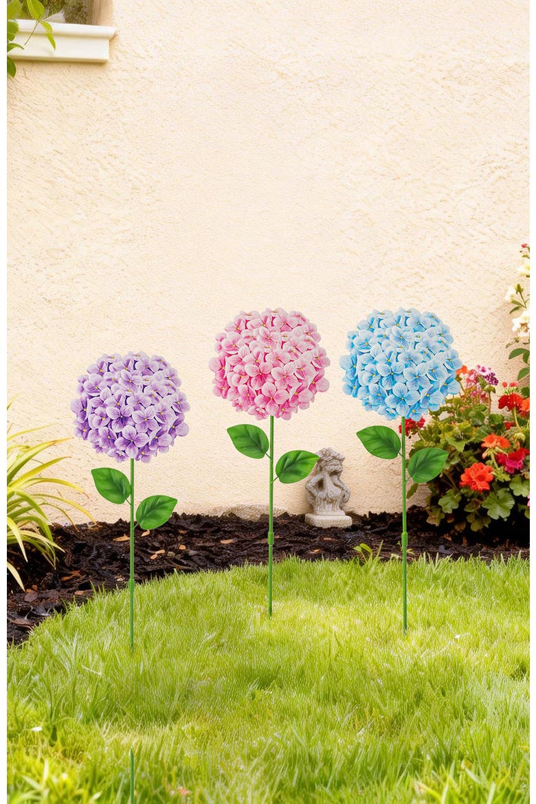 Set of 3 Metal Happy Face Flower Hydrangea Picks Wall Decor, Alternate, color, Pink