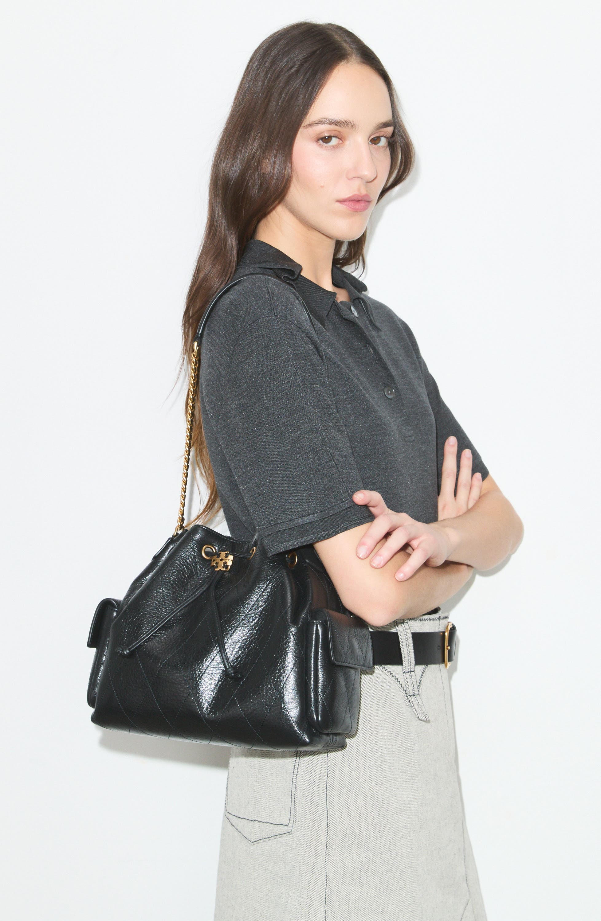 Tory Burch Charlie Quilted Leather Drawstring Shoulder Bag, Alternate, color, 