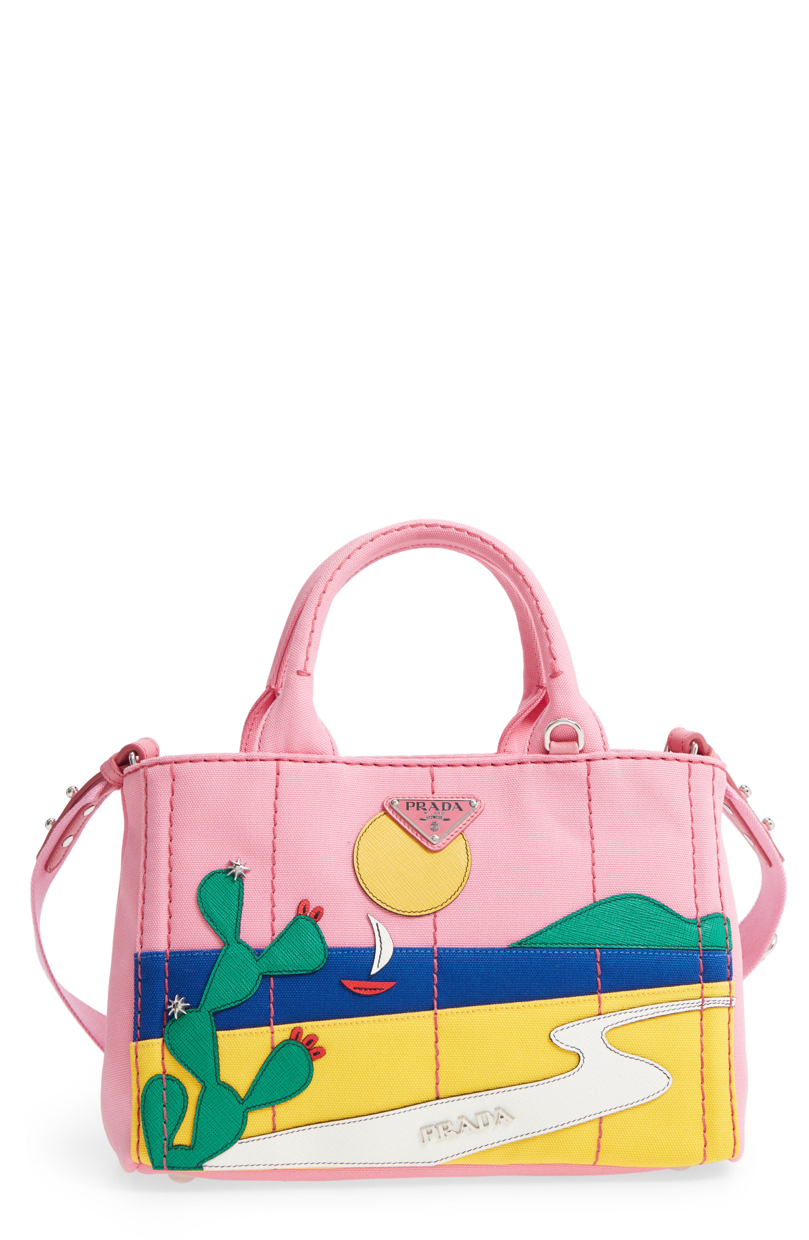 Desert Motif Patch Leather & Canvas Tote, Main, color, PINK