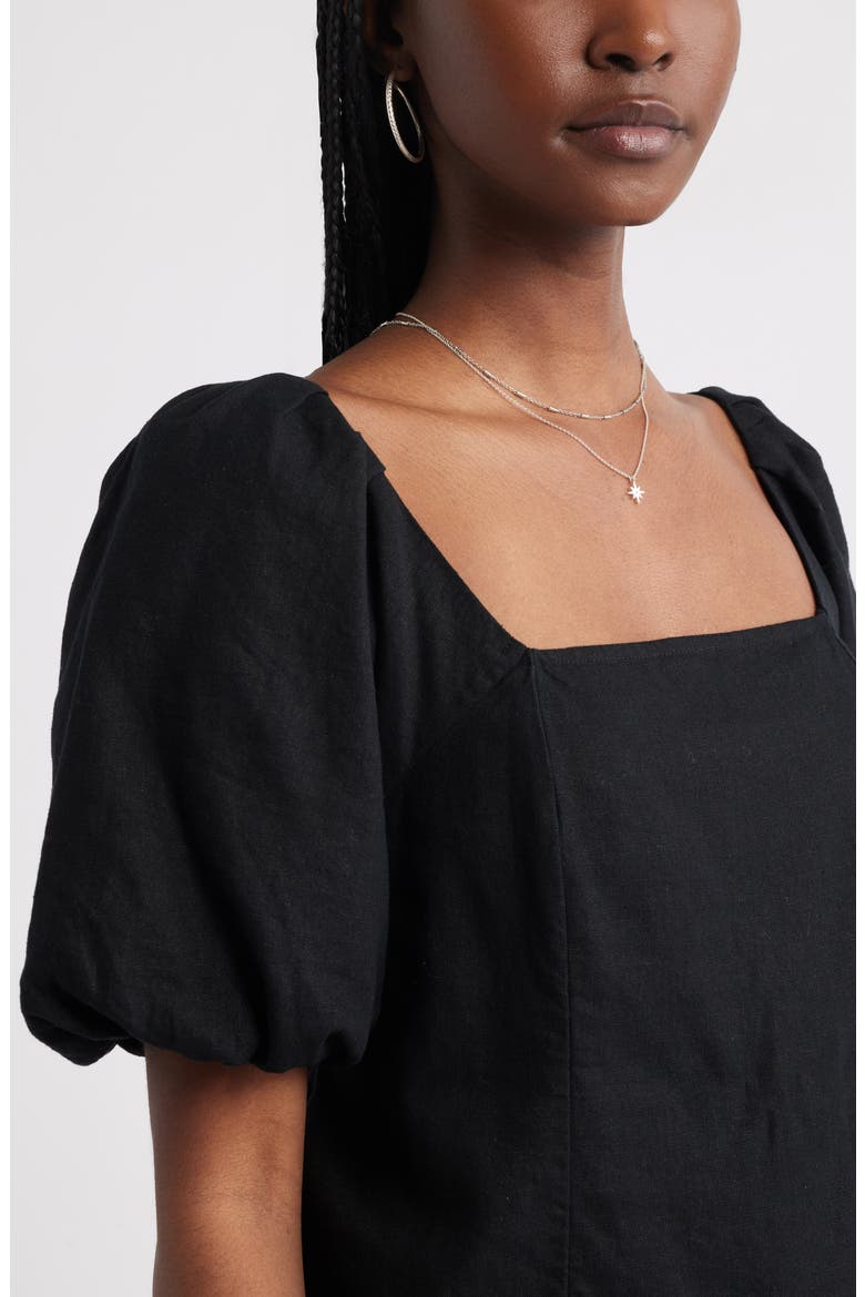 Tie Back Puff Sleeve Linen Blend Top, Alternate, color, BLACK