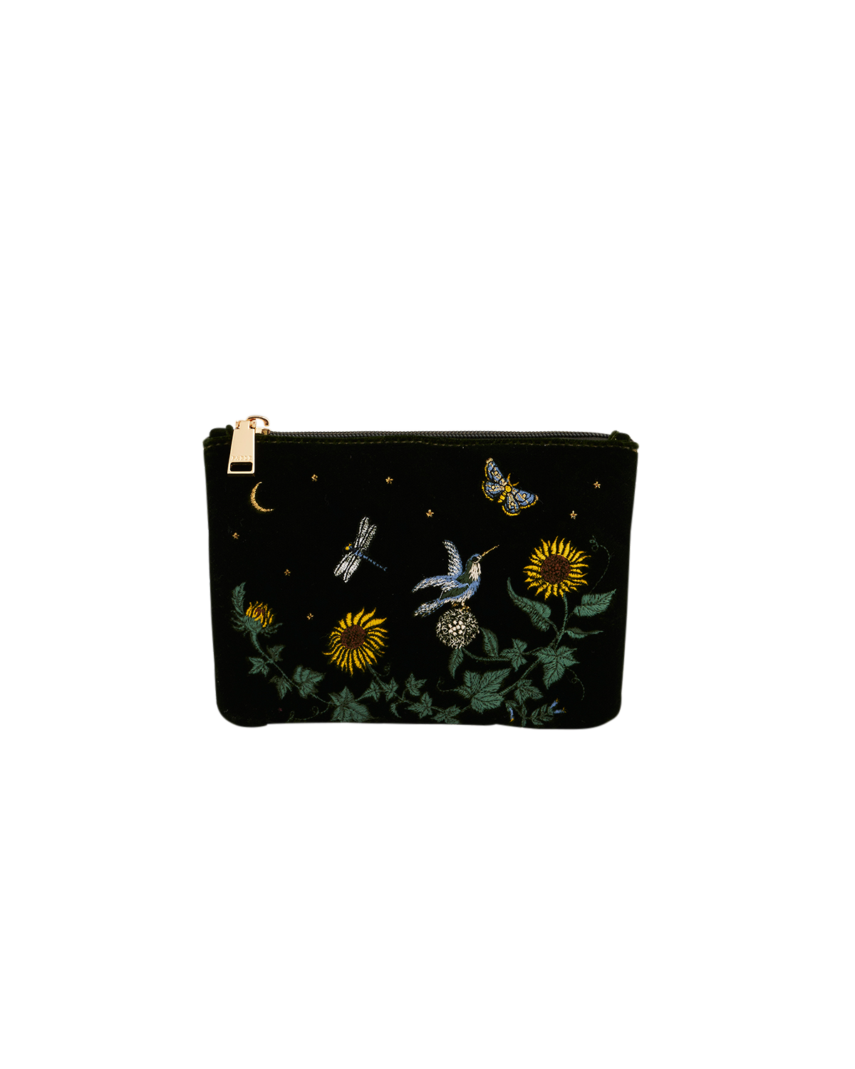 Sunflower Velvet Embroidered Pouch, Main, color, Dark Green
