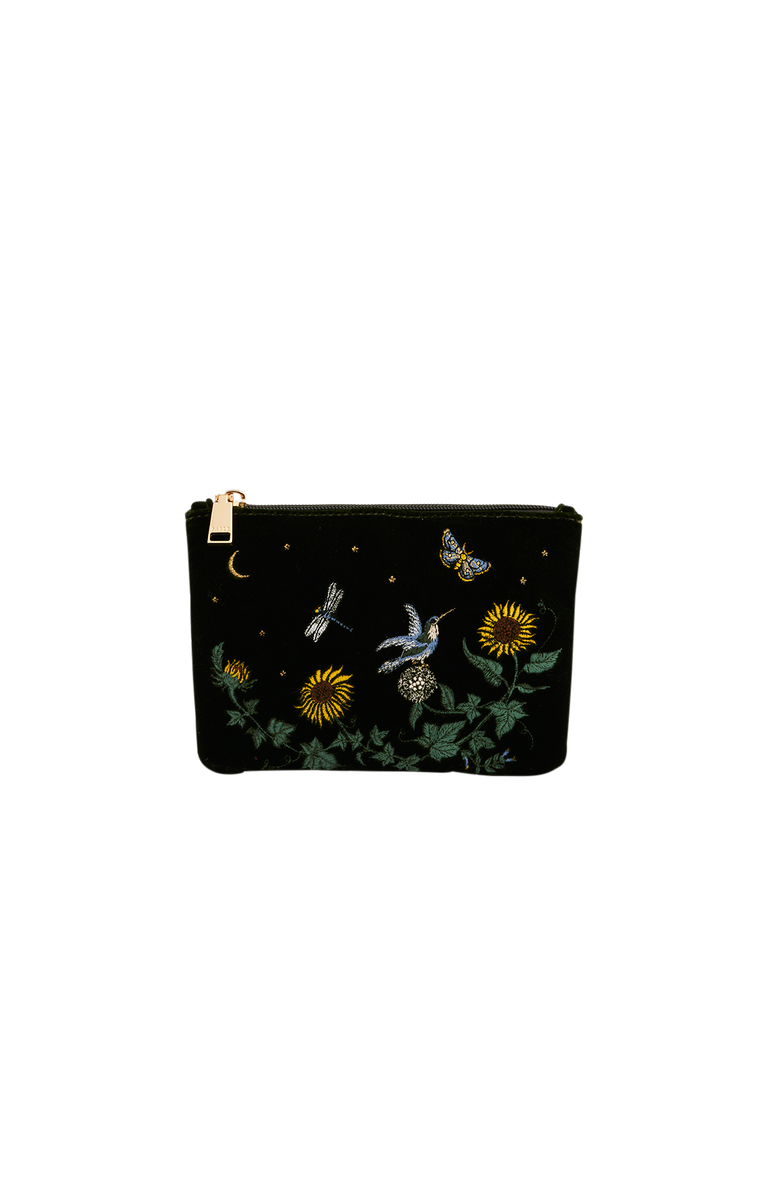 Fable England Sunflower Velvet Embroidered Pouch, Main, color, Dark Green