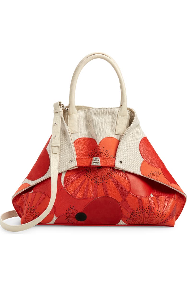 Akris Medium AI Poppies Leather & Canvas Convertible Tote, Main, color,