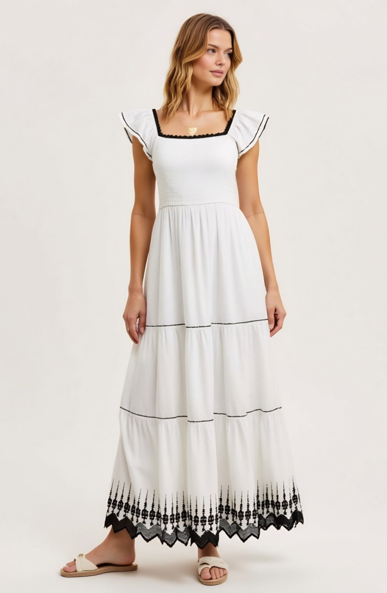 Modenaire Smocked Bodice Tiered Flutter Sleeve Embroidered Hem Maxi Dress, Alternate, color, White / Black Trim