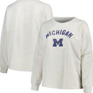 PROFILE Women's Profile Oatmeal Michigan Wolverines Plus Size Distressed Arch Over Logo Neutral Boxy Pullover Sweatshirt