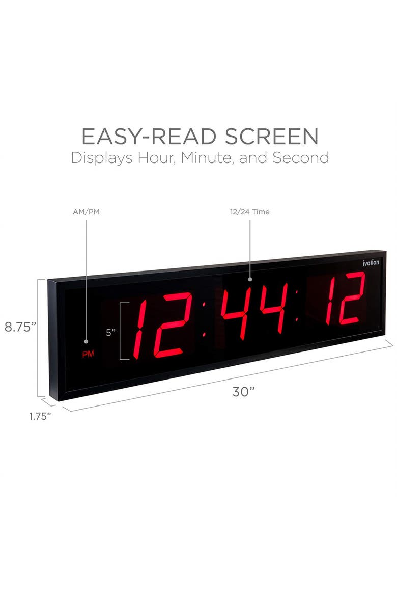 Large Digital Clock, 30 Led Wall Clock with 6-Level Brightness & Mounting Hardware, Alternate, color, Red