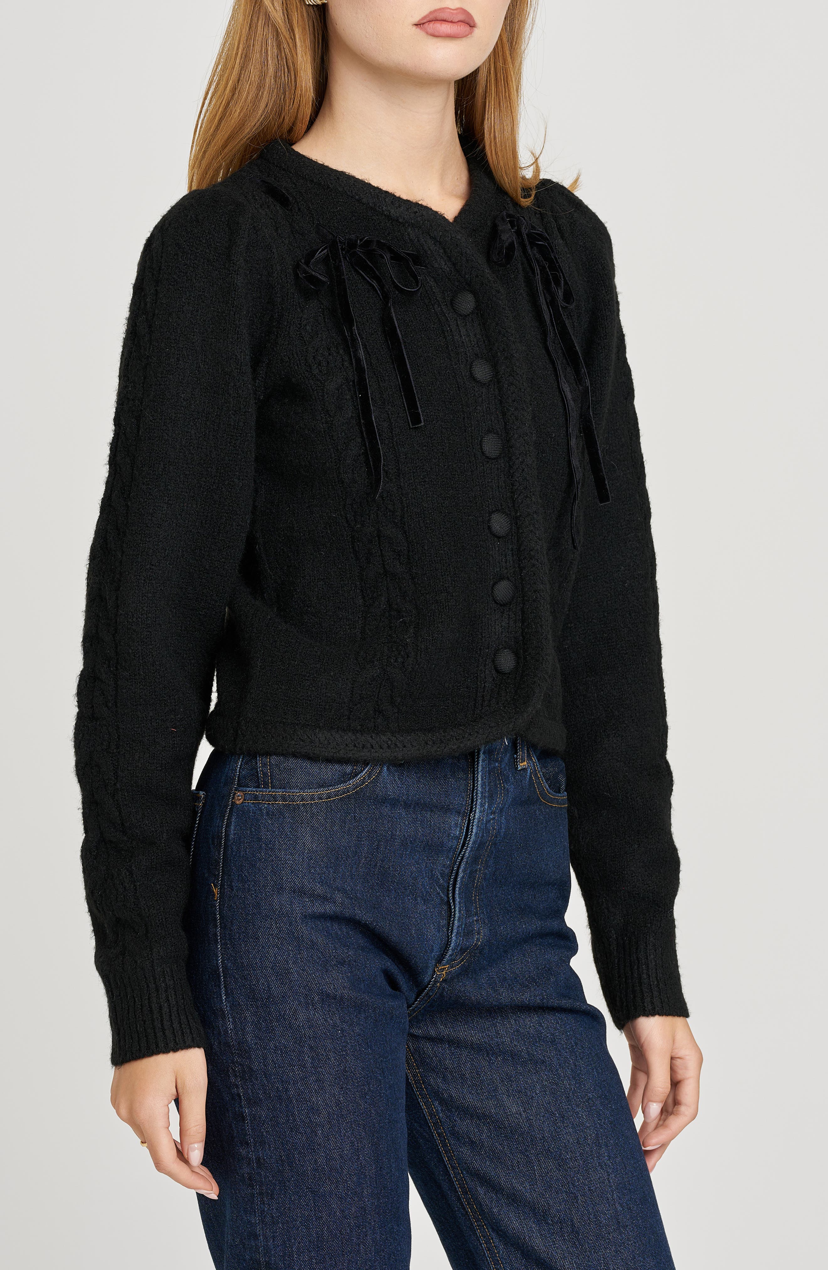 WAYF x Sara Walker Jackie Velvet Bow Cable Stitch Cardigan