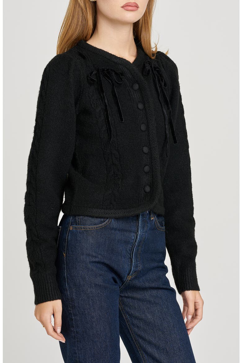 x Sara Walker Jackie Velvet Bow Cable Stitch Cardigan, Main, color, BLACK