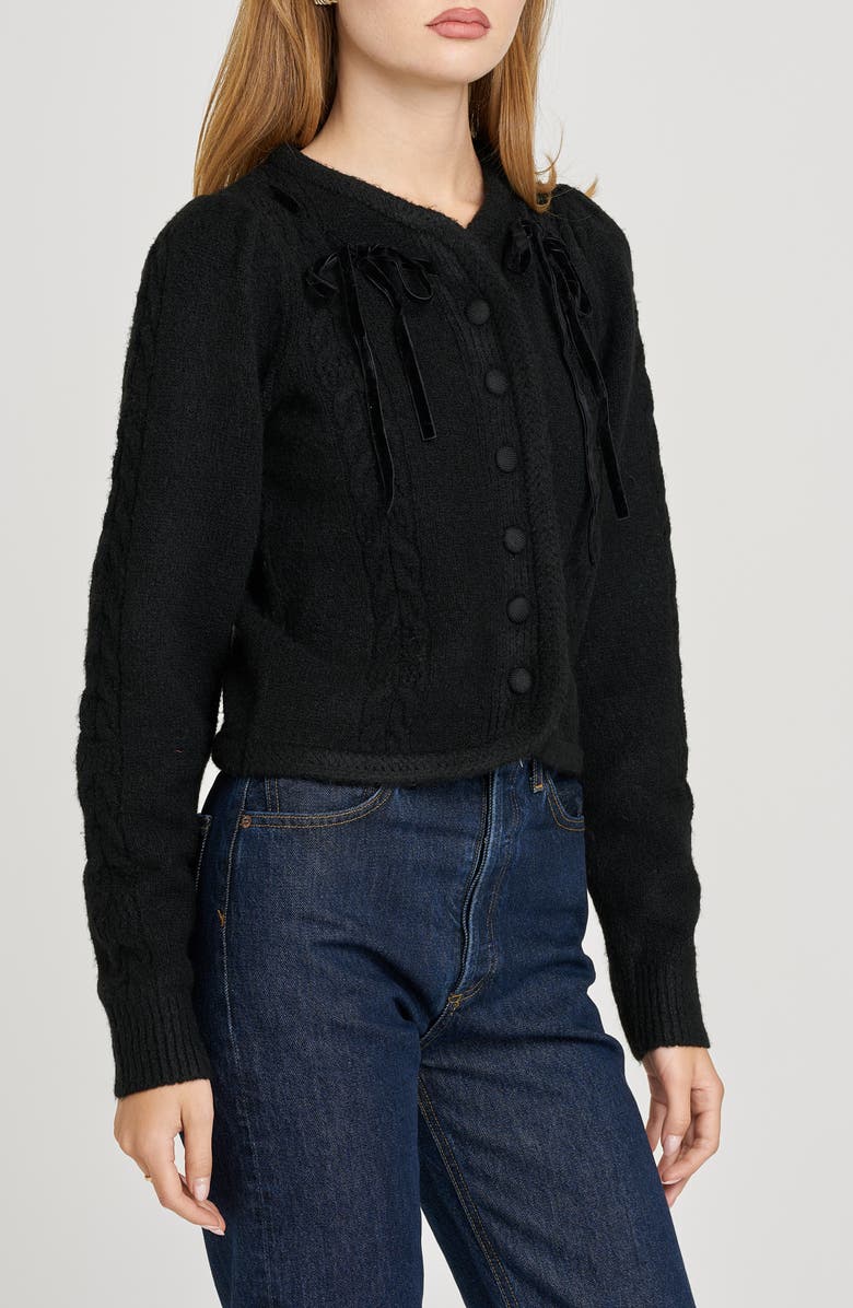 WAYF x Sara Walker Jackie Velvet Bow Cable Stitch Cardigan, Main, color, Black