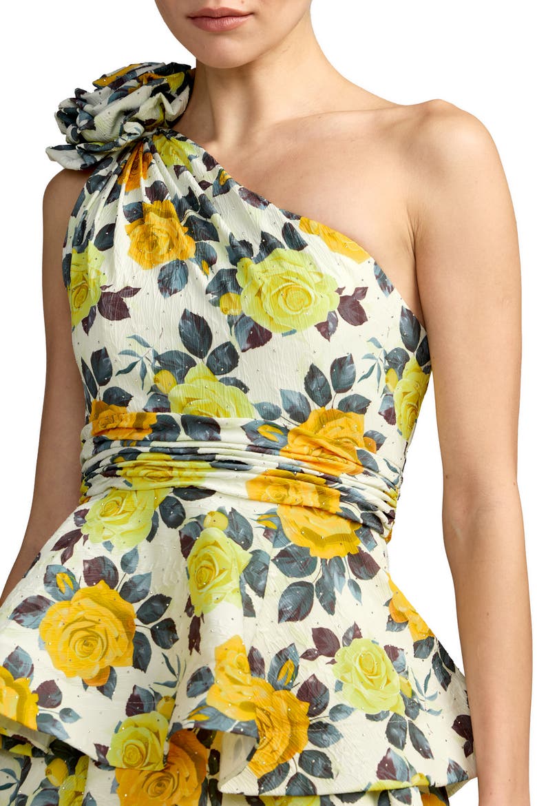Floral One Shoulder Charmeuse Tiered Midi Dress, Alternate, color, Yellow rose