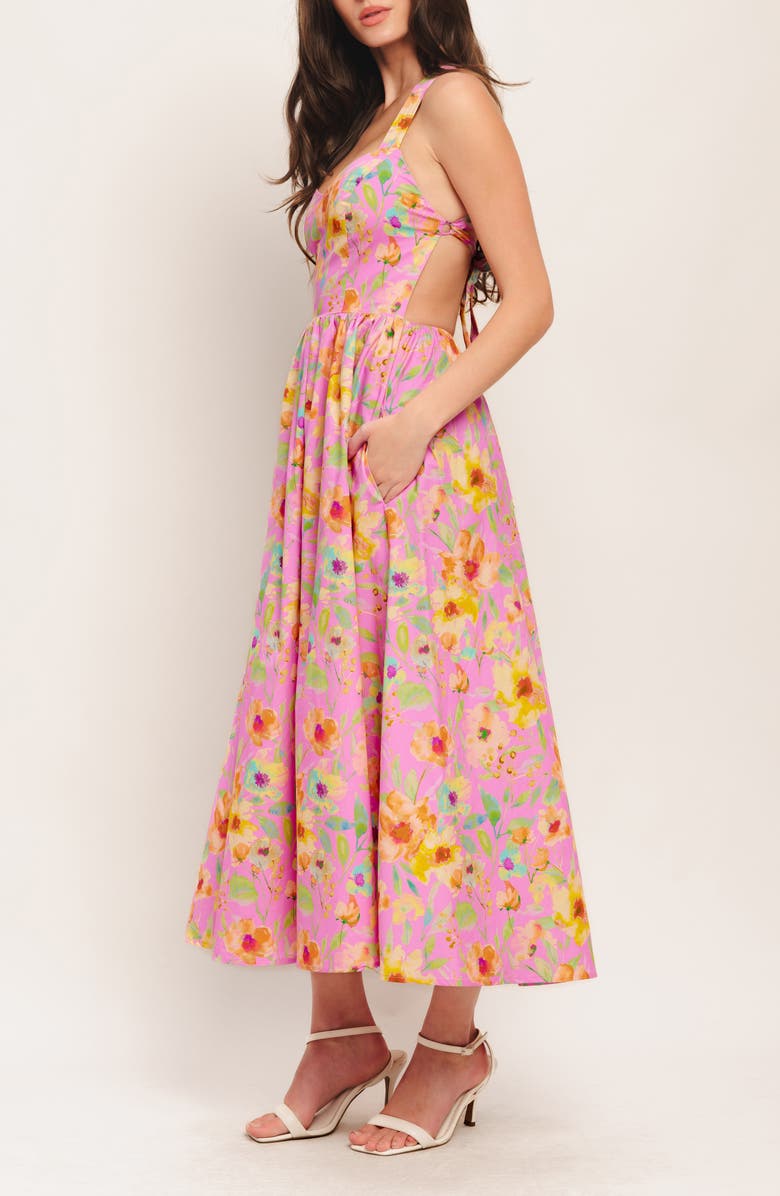 FLYING TOMATO Print Open Back Midi Dress, Alternate, color, Pink