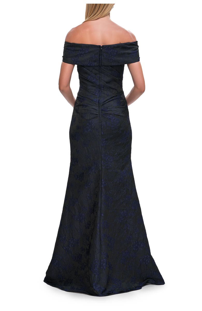 La Femme Off-the-Shoulder Jacquard Evening Gown, Alternate, color, Navy