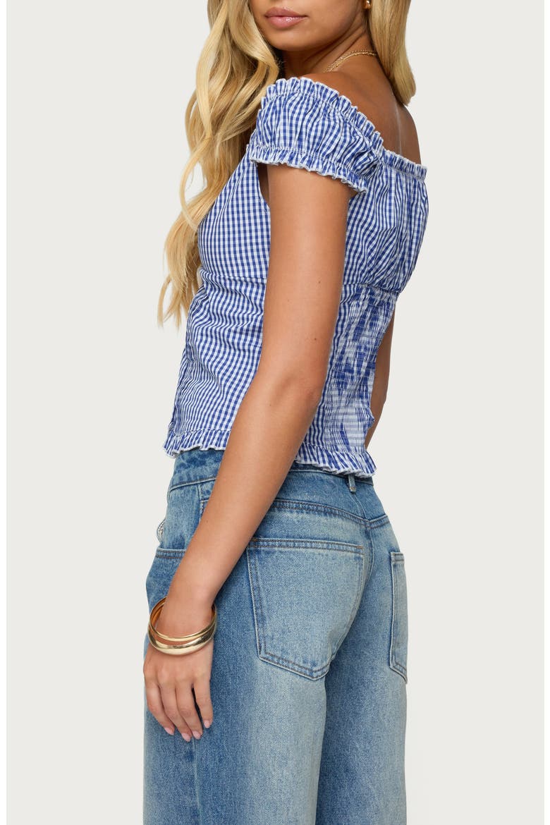Dorothie Gingham Ruffle Crop Cotton Button-Up Shirt, Alternate, color, NAVY
