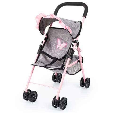 Doll Buggy Stroller W/ Sun Canopy, Grey, Pink, Butterfly