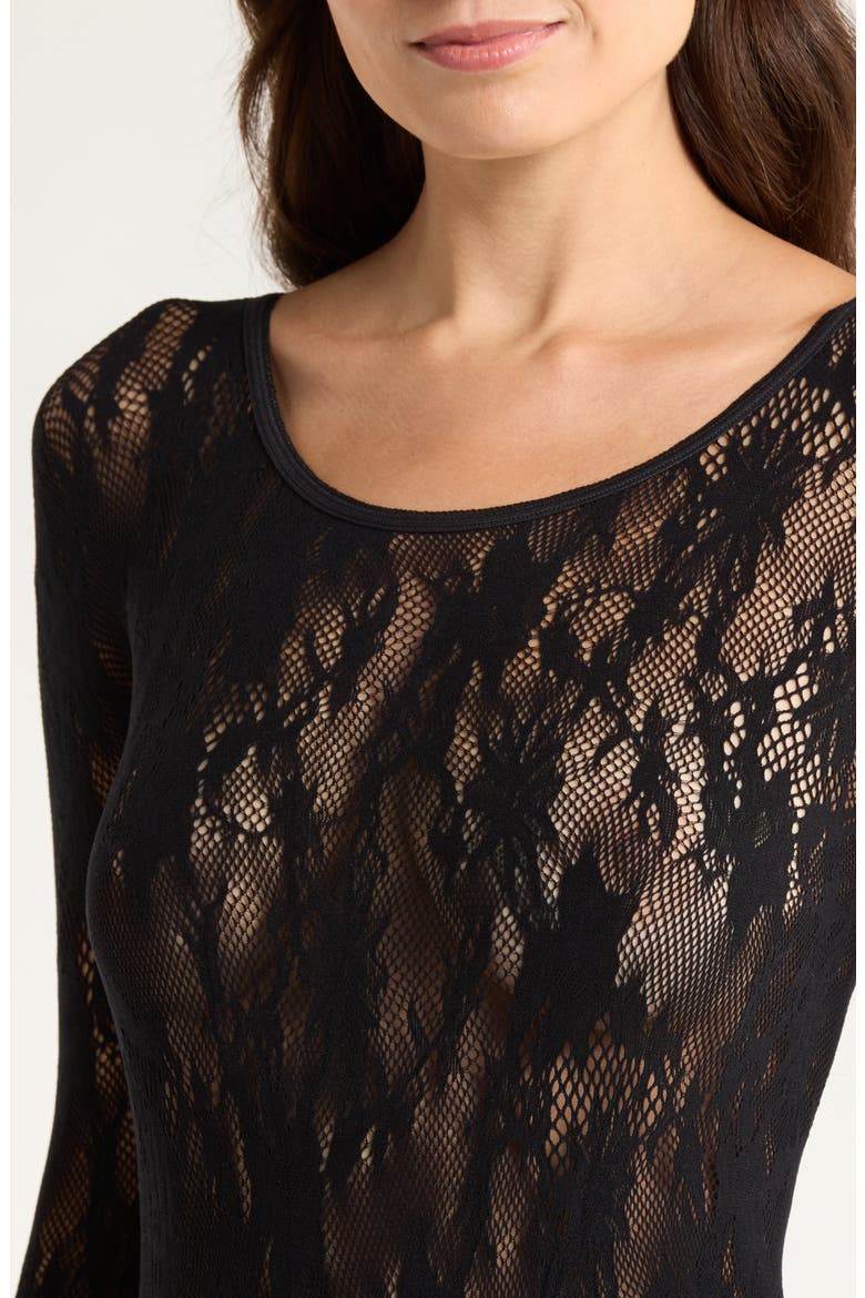 Floral Long Sleeve Seamless Bodysuit, Alternate, color, BLACK