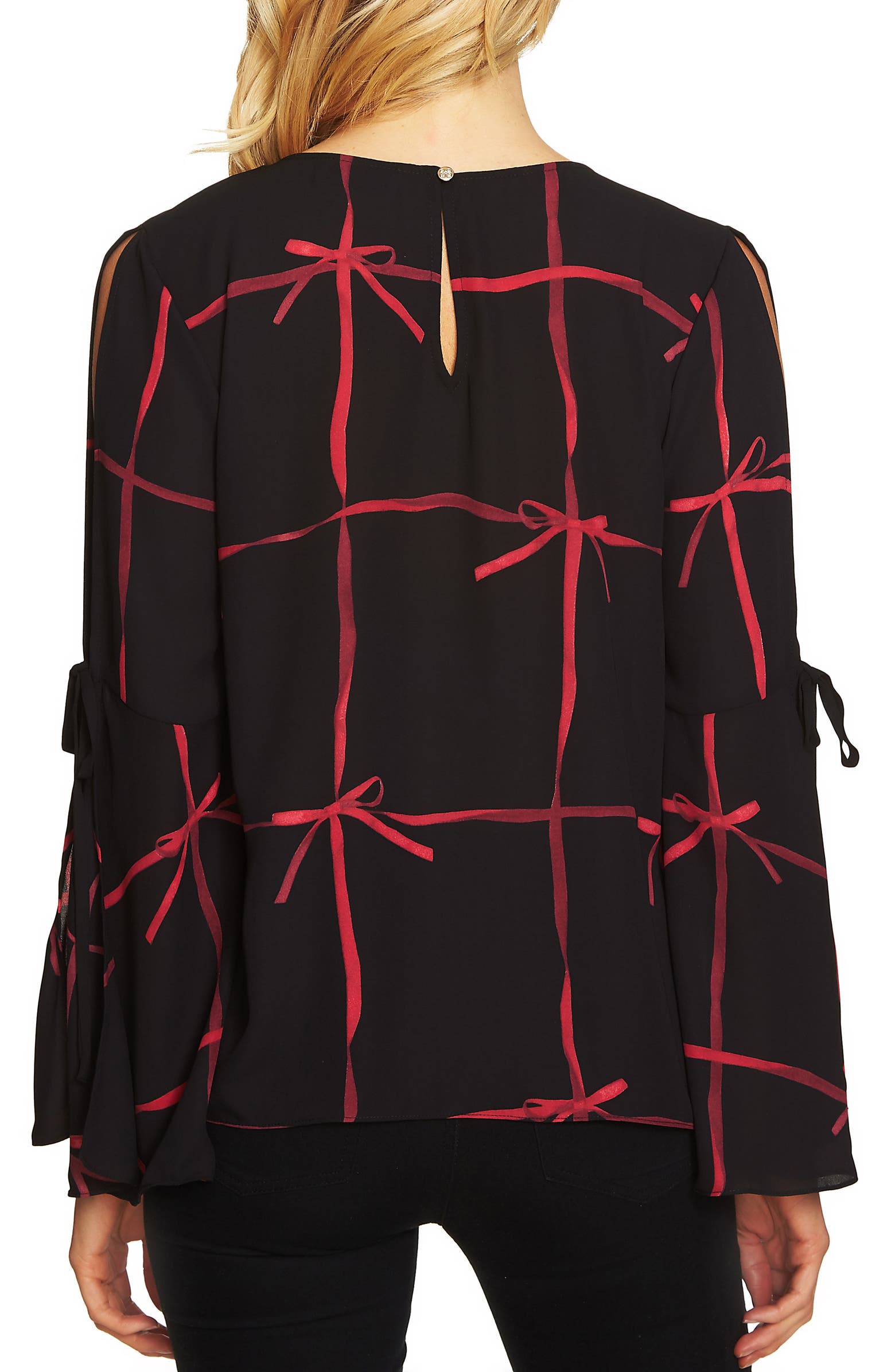CeCe Lattice Ribbons Bell Sleeve Blouse | Nordstrom