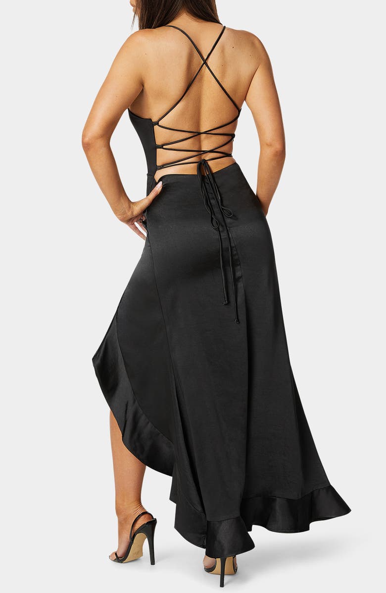 bebe Lace-Up Back Ruffle Satin Maxi Dress, Alternate, color, Black