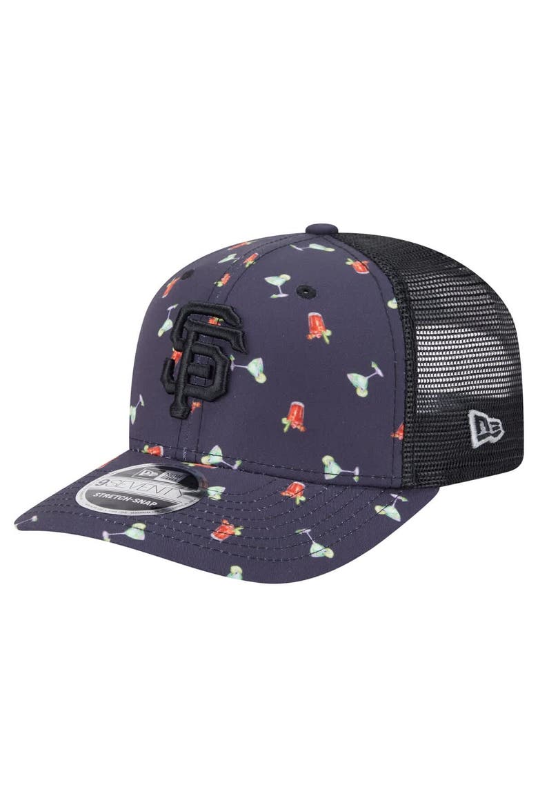 Men's New Era Black San Francisco Giants Adventure Drinks Pattern 9SEVENTY Stretch-Snap Hat, Main, color, Navy