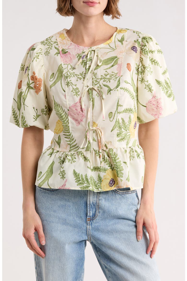Tie Front Poplin Peplum Top, Main, color, WHITE MULTI
