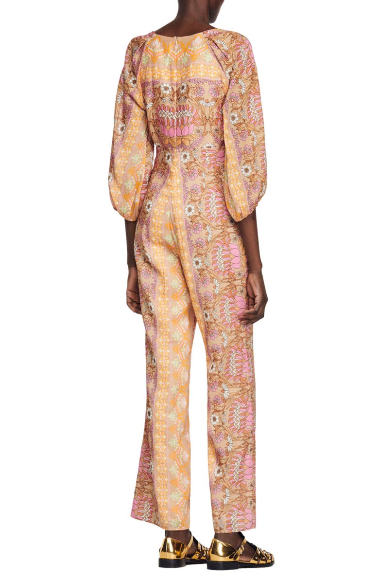 SANDRO Dieppe Floral Linen Blend Jumpsuit, Alternate, color, Beige