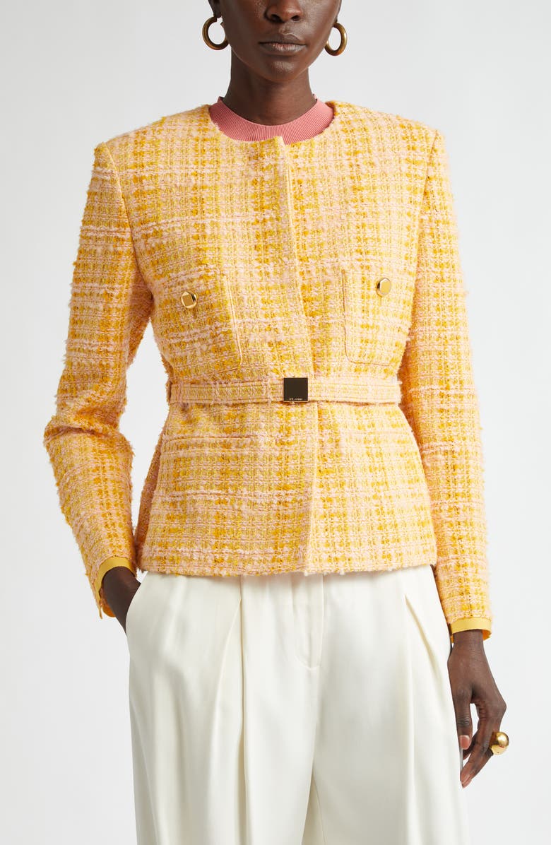 ST. JOHN Italian Slubbed Tweed Knit Belted Jacket, Main, color, Sonora/ Dune Multi