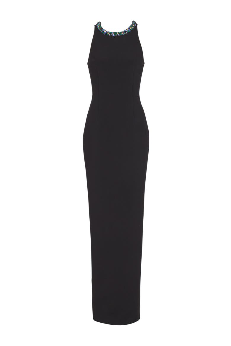 Long sleeveless dress in embroidered velvet, Alternate, color, black
