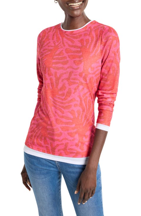 Abstract Leaf Print Double Layer Long Sleeve T-Shirt