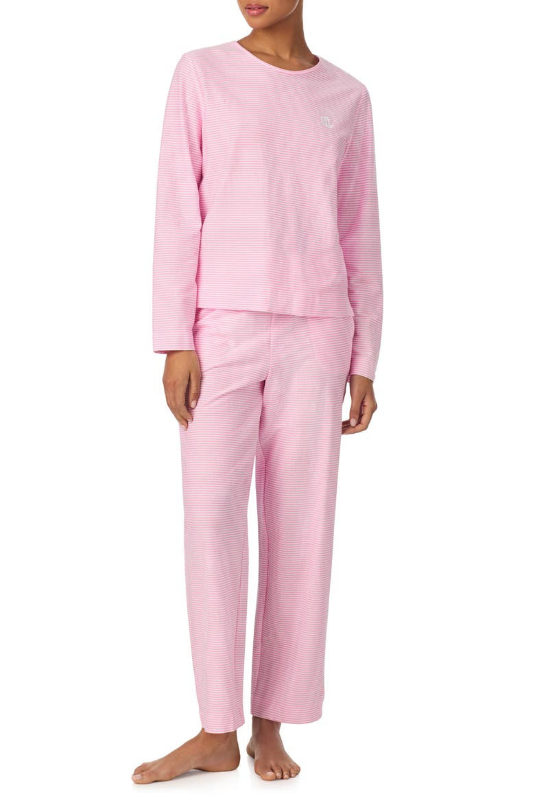 Print Cotton Ankle Length Pajamas, Main, color, PINK STRIPE