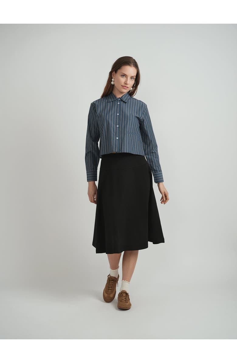 Midi Cropped Striped Button Front Box Pleat Blouse, Alternate, color, Dark Denim