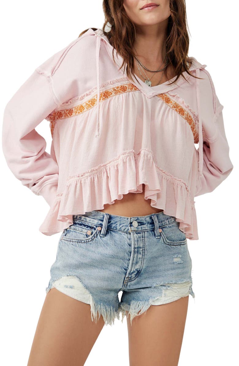 Free People Harry Mix Media Ruffle Cotton Hoodie, Main, color, 