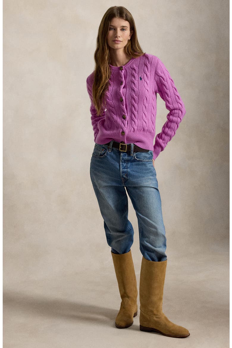 Cable Knit Wool & Cashmere Cardigan, Alternate, color, THISTLE PINK
