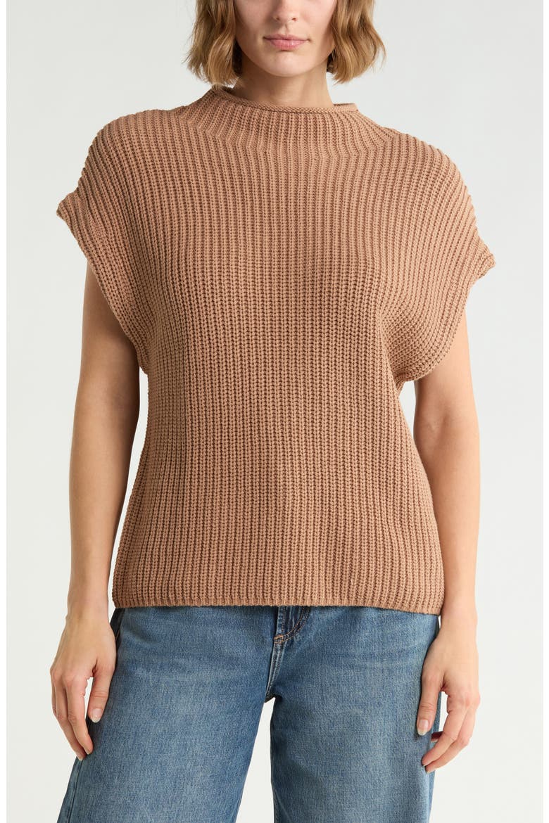 Mock Neck Cap Sleeve Cotton Blend Sweater, Main, color, TAN SMOKE