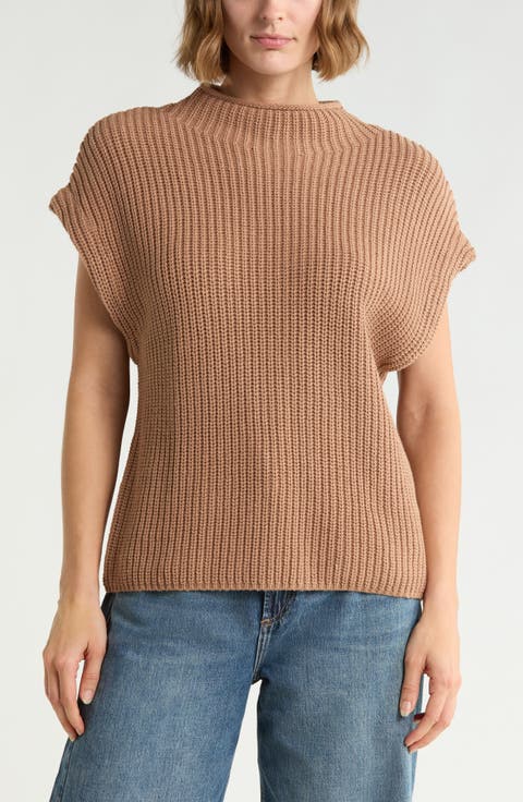 Mock Neck Cap Sleeve Cotton Blend Sweater