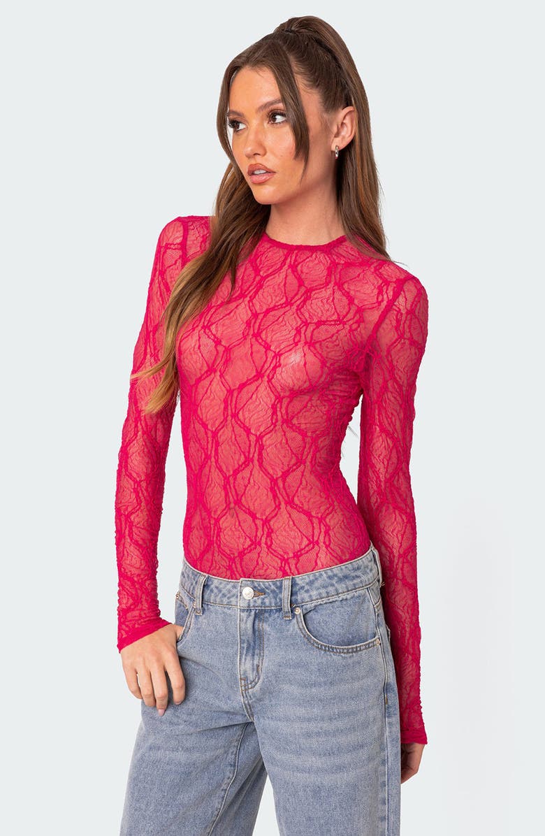 EDIKTED Lina Sheer Lace Long Sleeve Bodysuit, Alternate, color, 