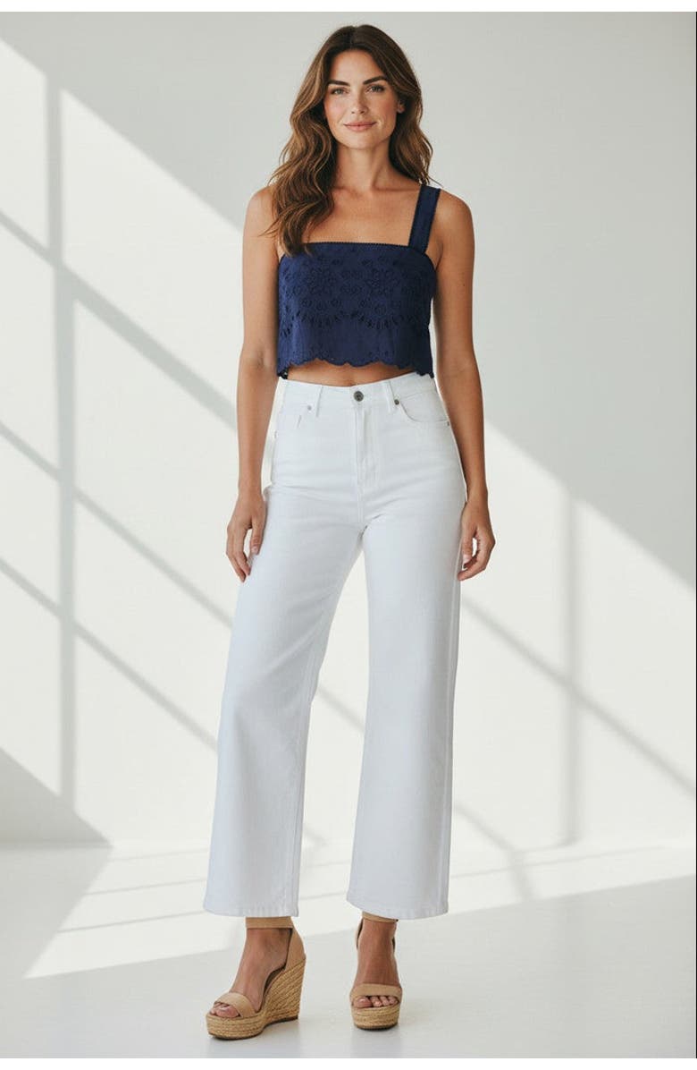 Change of Scenery Ilyssa Eyelet Embroidered Square Neck Smocked Crop Top, Alternate, color, Navy Calypso Eyelet