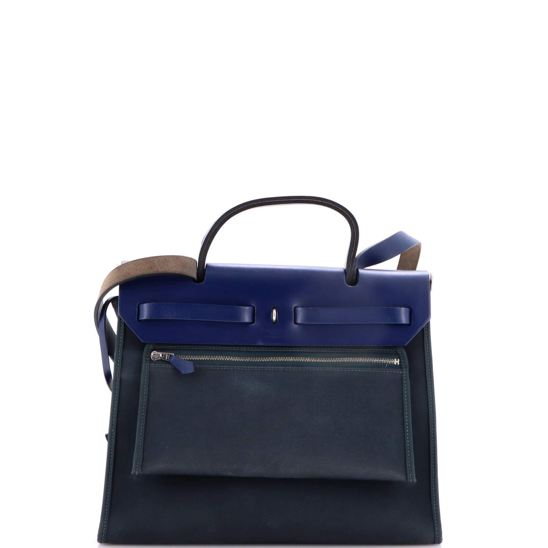 Pre-Owned Hermes Herbag Zip Leather and Toile 31, Alternate, color, Bleu Orage