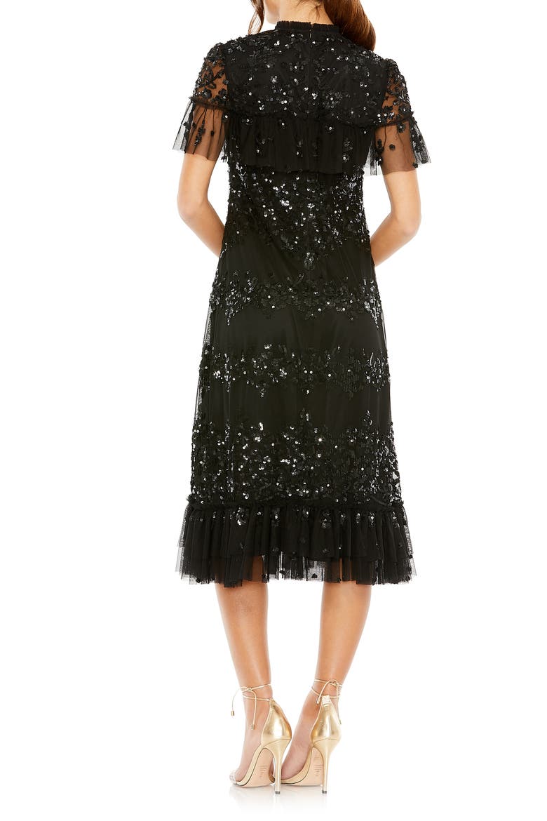 Women's Sequined High Neck Ruffled Flutter Sleeve Midi Dress, Alternate, color, BLACK