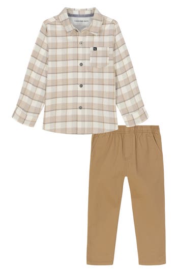 Calvin Klein Kids' Woven Button-up & Pants Set In Brown