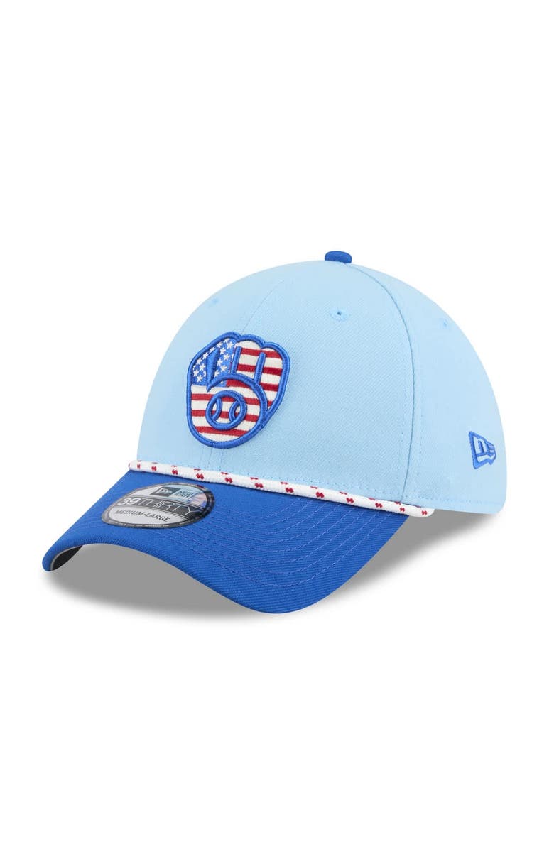 New Era Men's New Era Light Blue/Blue Milwaukee Brewers 2025 Fourth of July 39THIRTY Flex Hat, Main, color, 