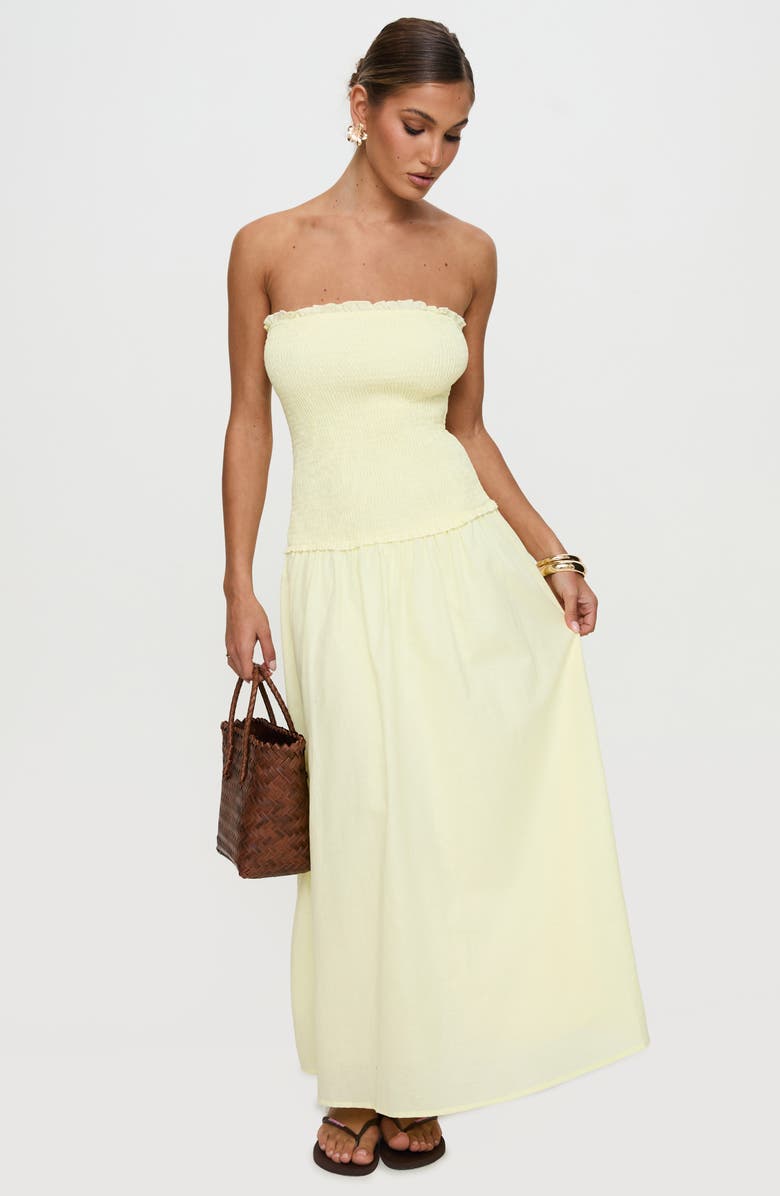 Princess Polly Tinsie Strapless Smocked Cotton & Linen Maxi Dress, Alternate, color, Yellow