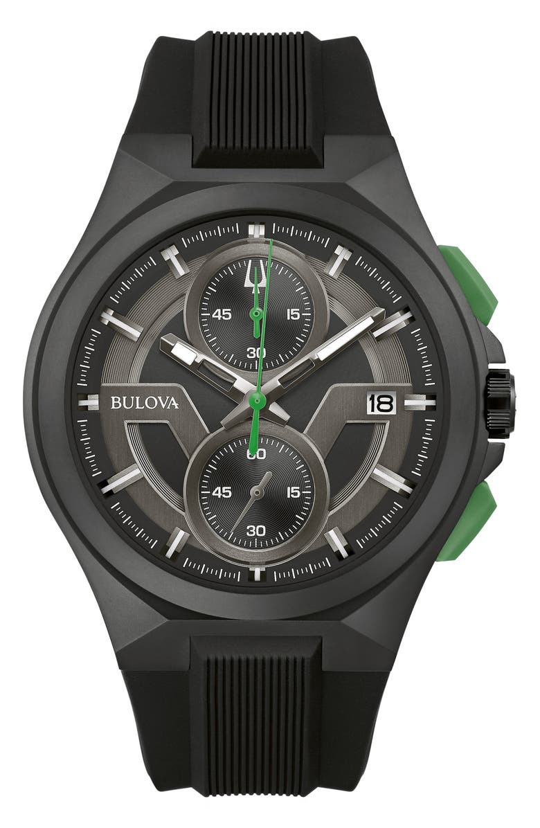 BULOVA Maquina Chronograph Silicone Strap Watch, 46mm, Main, color, Black