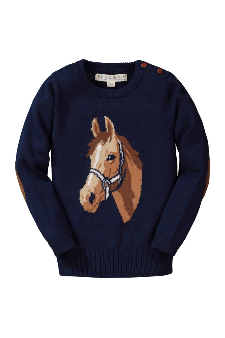 Girls' Organic Horse Intarsia Sweater, Kids, Main, color, Navy
