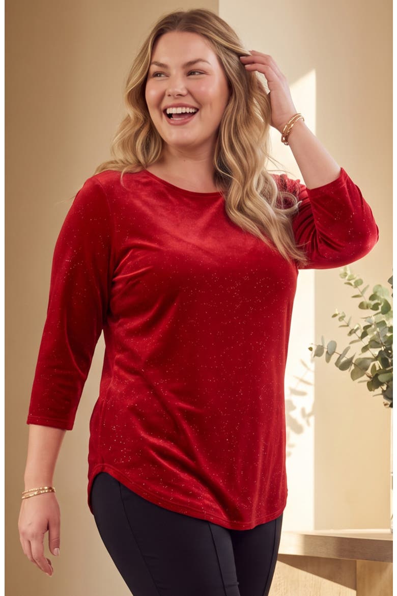 Sparkle Velvet Three-Quarter Sleeve Top, Alternate, color, RED