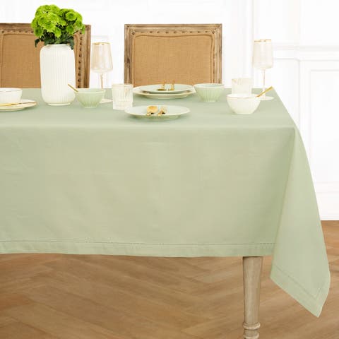 Cotton Linen Hemstitch Tablecloth for Dining Table, Holiday and Everyday Table Decor