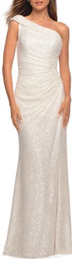 La Femme Sequin One-Shoulder Gown